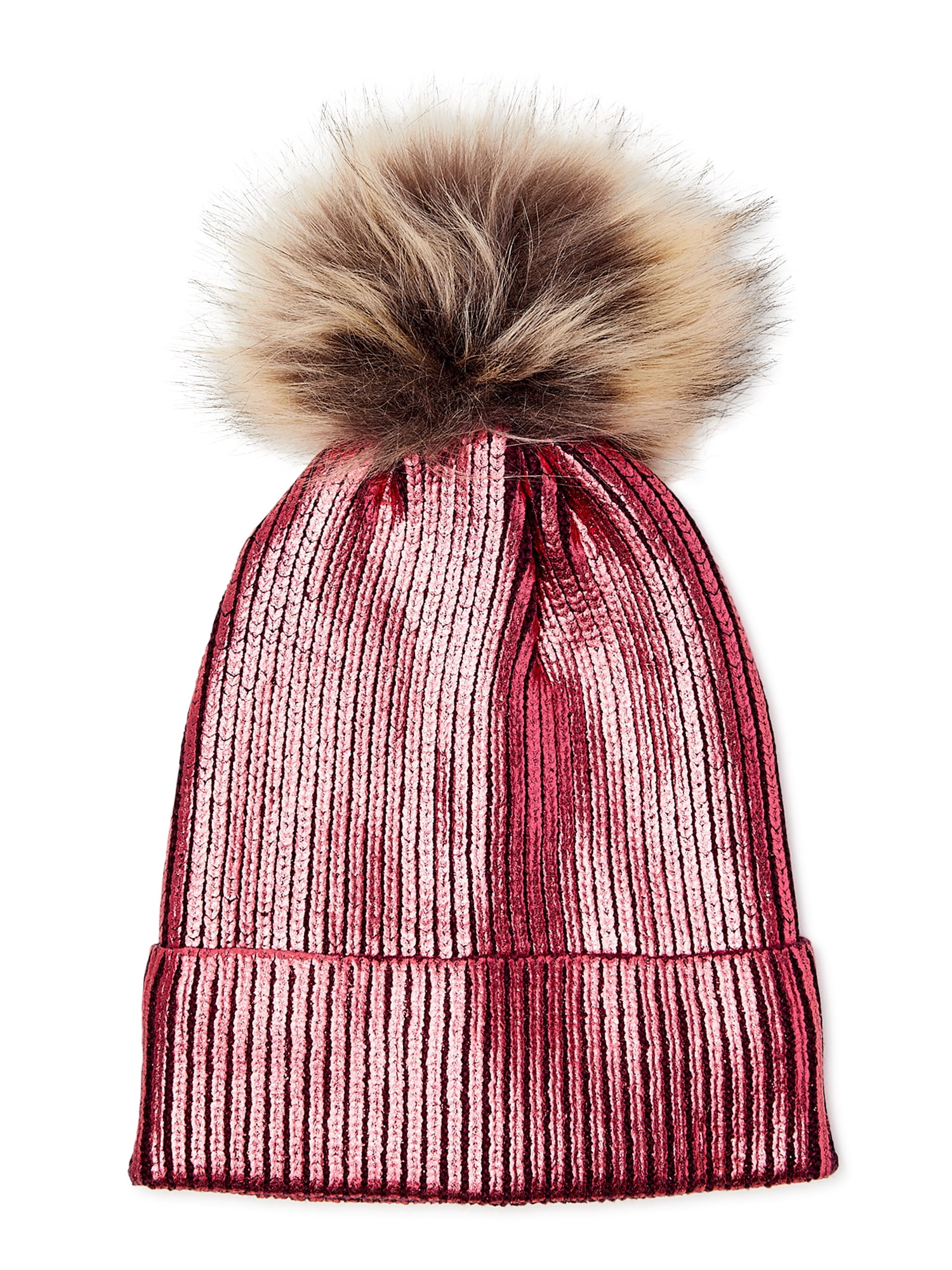 Metallic Beanie Hat with Faux Fur Pom 