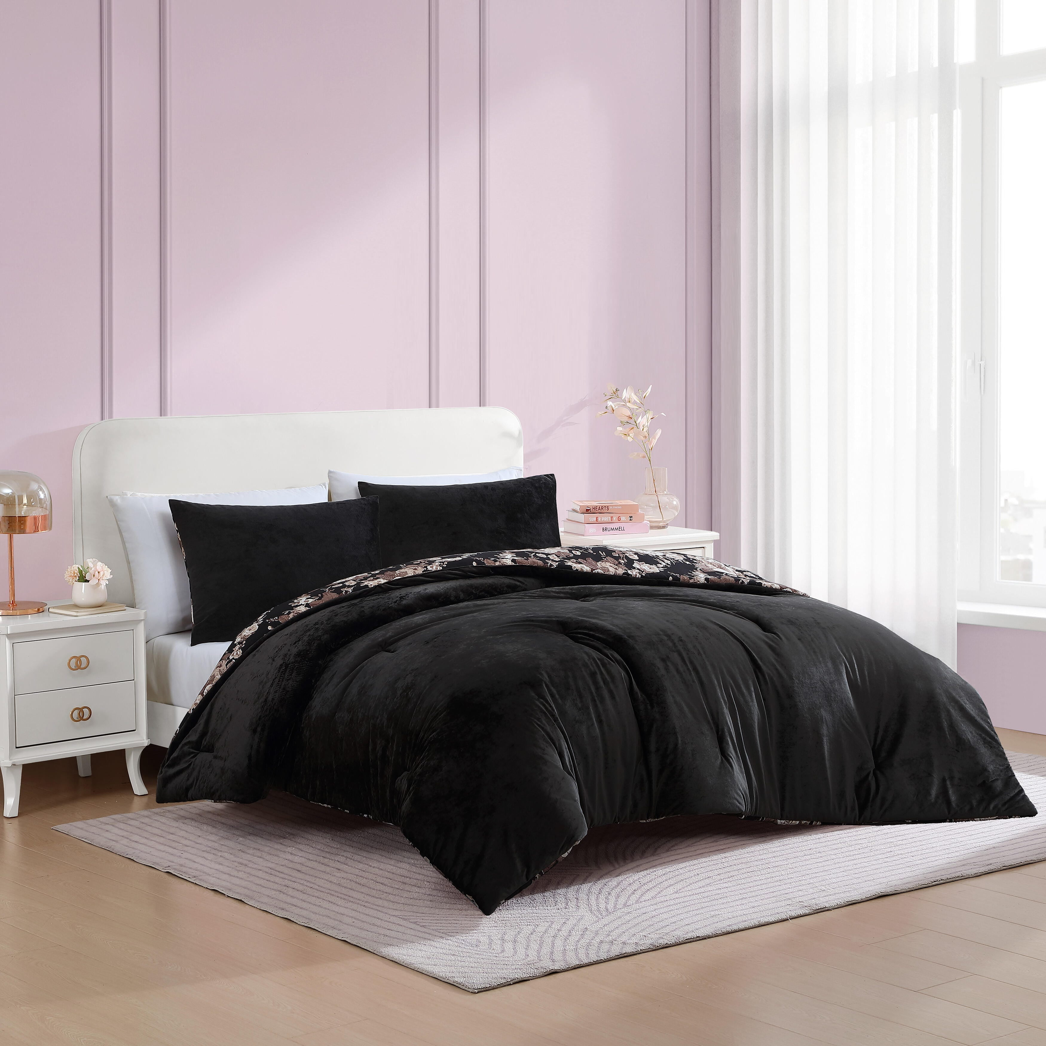 Betsey Johnson Velvet Solid Black King Duvet Cover Set, Soft Bedding with Shams, Machine Washable