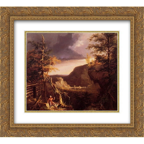 Thomas Cole 2x Matted 22x20 Gold Ornate Framed Art Print 'Daniel Boone Sitting at the Door of His Cabin on the Great Osage Lake'