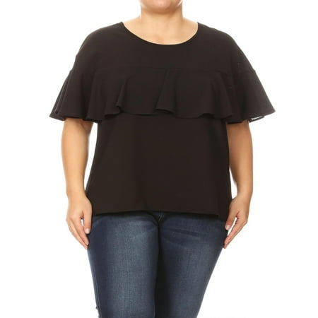 Layered Ruffle Blouse MOA COLLECTION Women's Plus Size Solid Basic Casual Ruffle Layer Flutter Short Sleeves Top Tee Blouse ()