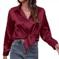 thumbnail image 2 of Blusas de Satén con Cuello en V y Larga para Mujer, Blusas de Seda de Verano, Moda 2025 Vino Tinto M, 2 of 9