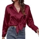thumbnail image 2 of Blusas de Satén con Cuello en V y Larga para Mujer, Blusas de Seda de Verano, Moda 2025 Vino Tinto M, 2 of 9