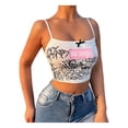 thumbnail image 6 of Seyurigaoka Women Juniors Summer Bodycon Navel Camisole, White Letters  Graffiti Print Spaghetti Strap Cropped Tank Tops, 6 of 9