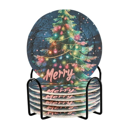 

Christmas Tree Decorated with Lights Drink Coasters with Holder Absorbent Coaster for Coffee Table Room Decor 6 Pack