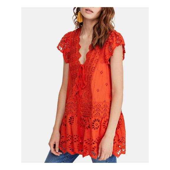 FREE PEOPLE Womens Orange Short Sleeve V Neck Top  Size: XS