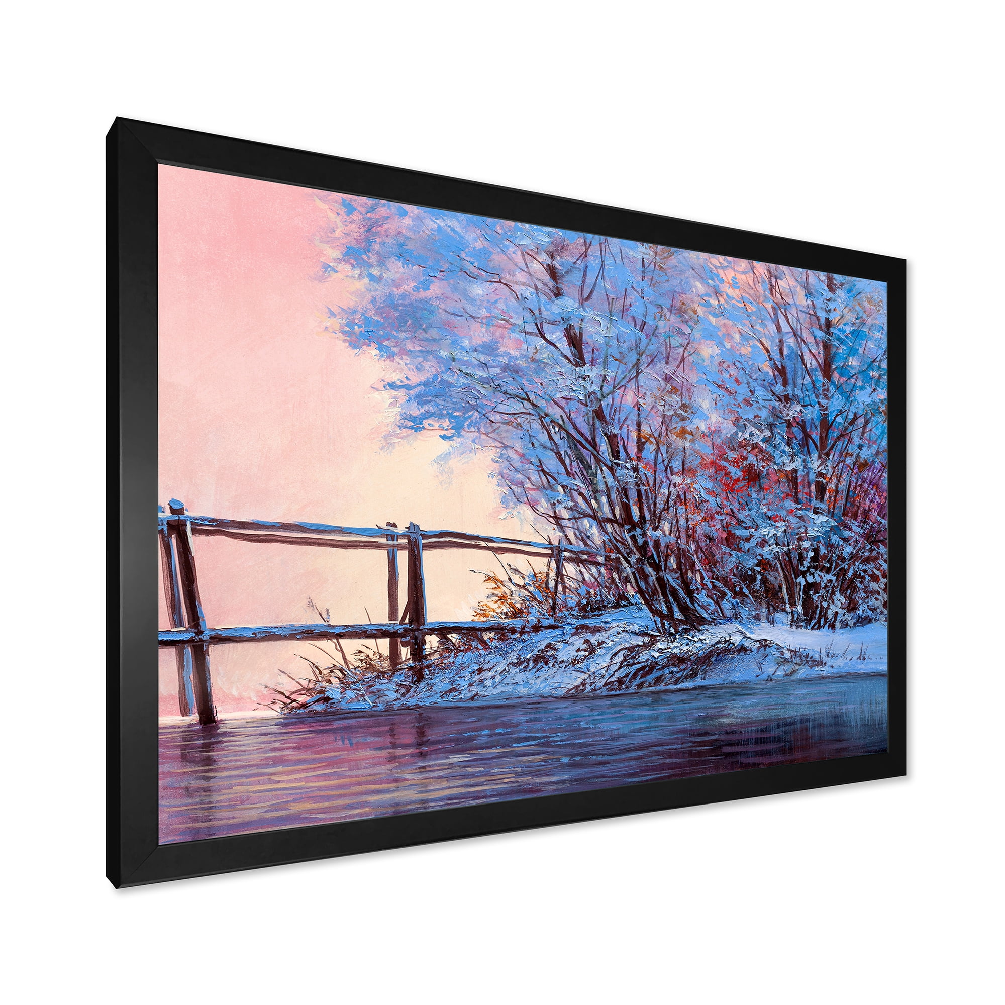 Bridge Of Meandering River With Winter Scenery I 20 in x 12 in Framed Painting Canvas Art Print, by Designart