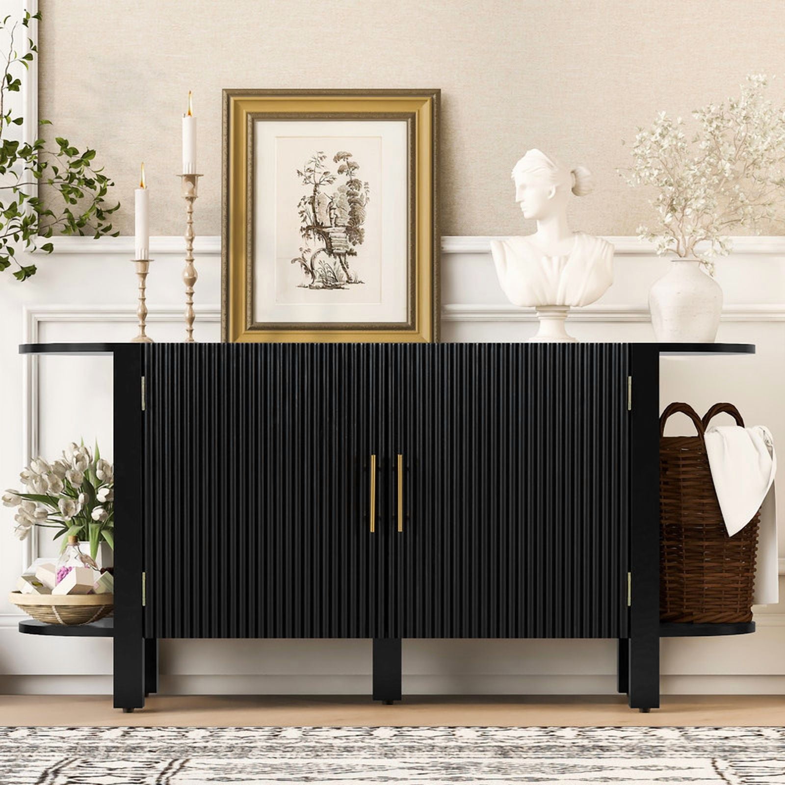 Accent Wavy Texture Buffet Table with Curved Extension Shelf, Mid-Century Modern Sideboard Storage Cabinet with Adjustable Shelf