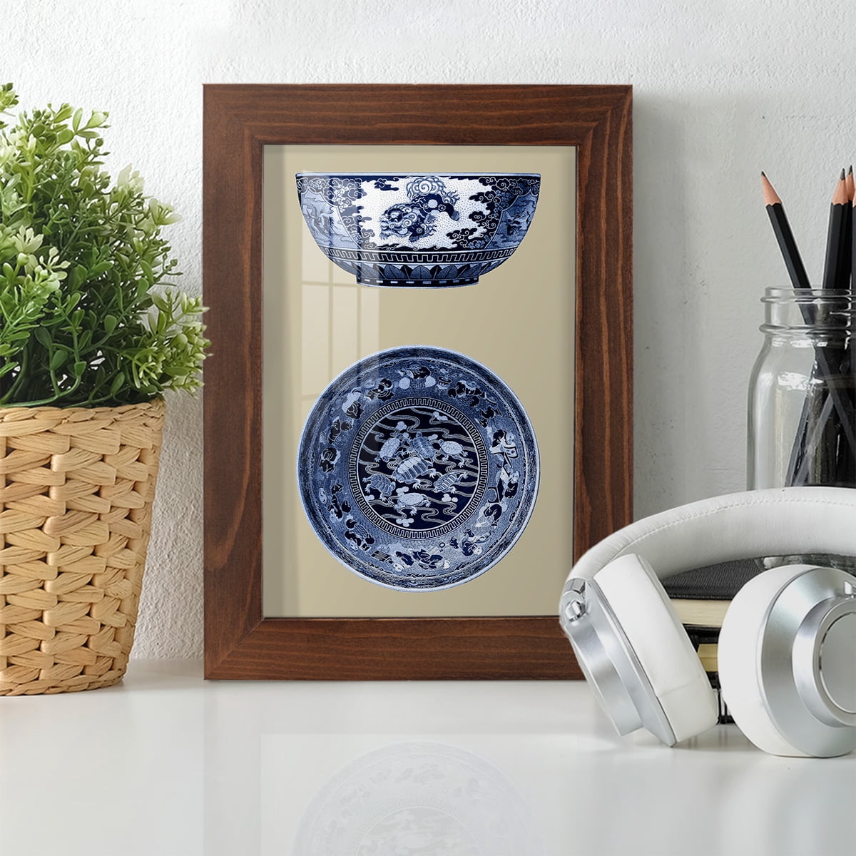 Porcelain in Blue and White I -Framed Print w/glass-Chestnut