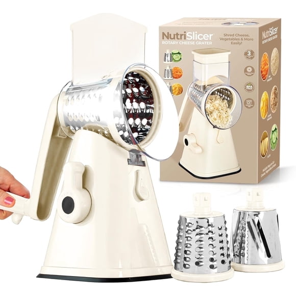 Rotary Cheese Grater Hand Crank, Stainless Steel Rotary Graters for Kitchen with 3 Blades, Vegetable Slicer, Cheese Shredder with Suction Cup Base, Dishwasher Safe