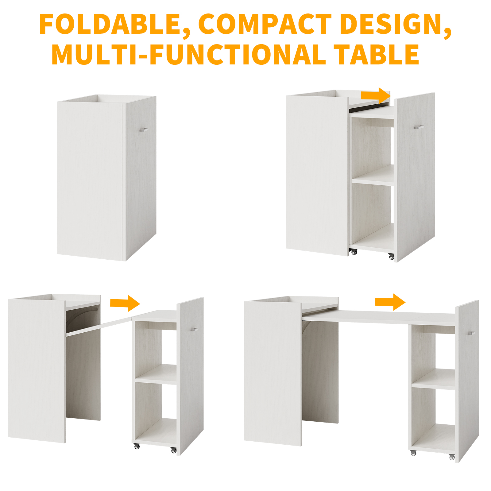 Folding Computer Desk – 50" Space-Saving Convertible Office Desk with 3-Tier Shelves, Drawer, Wheels & Reversible Design, Modern White