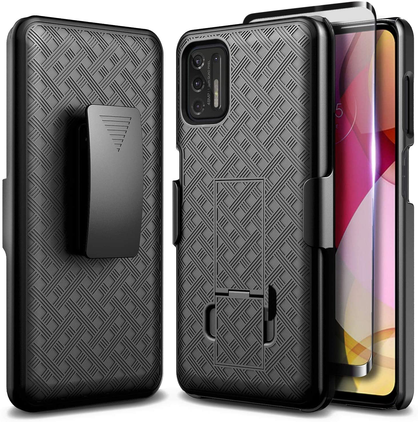 Nagebee Case for Motorola Moto G Stylus 2021 with Tempered Glass Screen Protector (Full Coverage), Armor Defender [Swivel Belt Clip Holster] [Built-In Kickstand] Shockproof Rugged Cover (Shell Black)