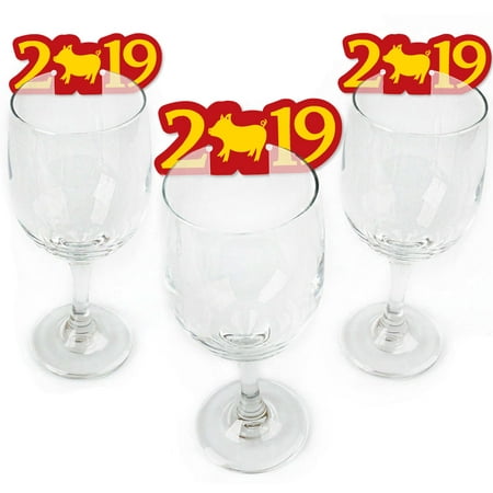 Chinese New Year - Shaped 2019 Year of the Pig Wine Glass Markers - Set of