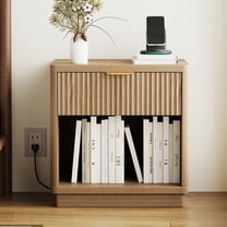 Fluted Night Stand, Modern and Small Bedside Table with Charging Station, Curved Design Wooden End Table with Drawer and Open Compartments, for Living Room, Bedroom