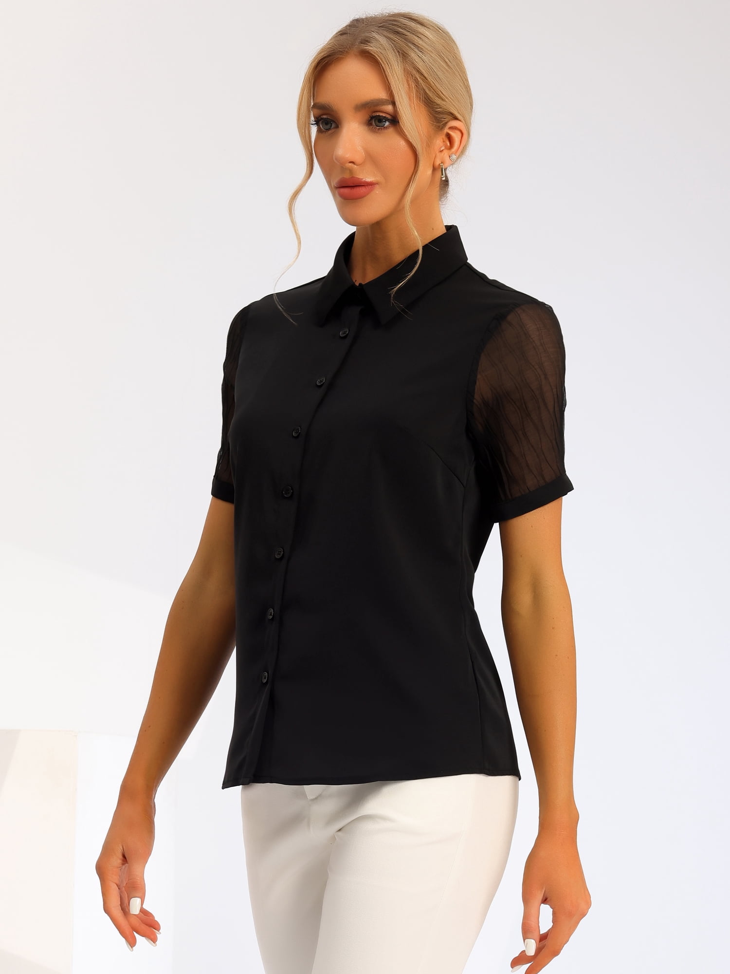 DARING DIVA Women's Button Down Sheer Short Sleeve Point Collar Work Shirt  XS Black