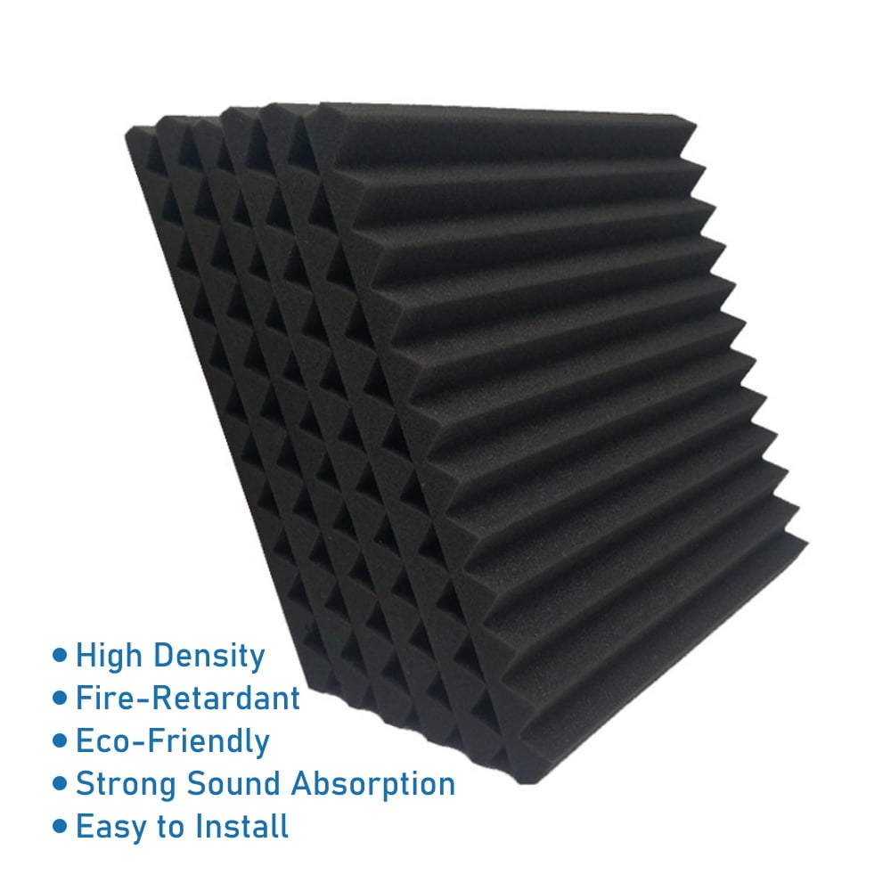 Sound Absorbing Noise Dampening Acoustic Self-adhesive Panel Wall Treatment 1" x 12" x 12", Black Triangular Groove, 12-pack