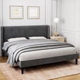 thumbnail image 4 of King Bed Frame with Headboad and Wingback, Elegant Vertical Stripe Design Velvet Upholstered Bed Frame with 2 Storage Pockets, Sturdy Wood Slat Support, Easy Assembly, Dark Grey, 4 of 8