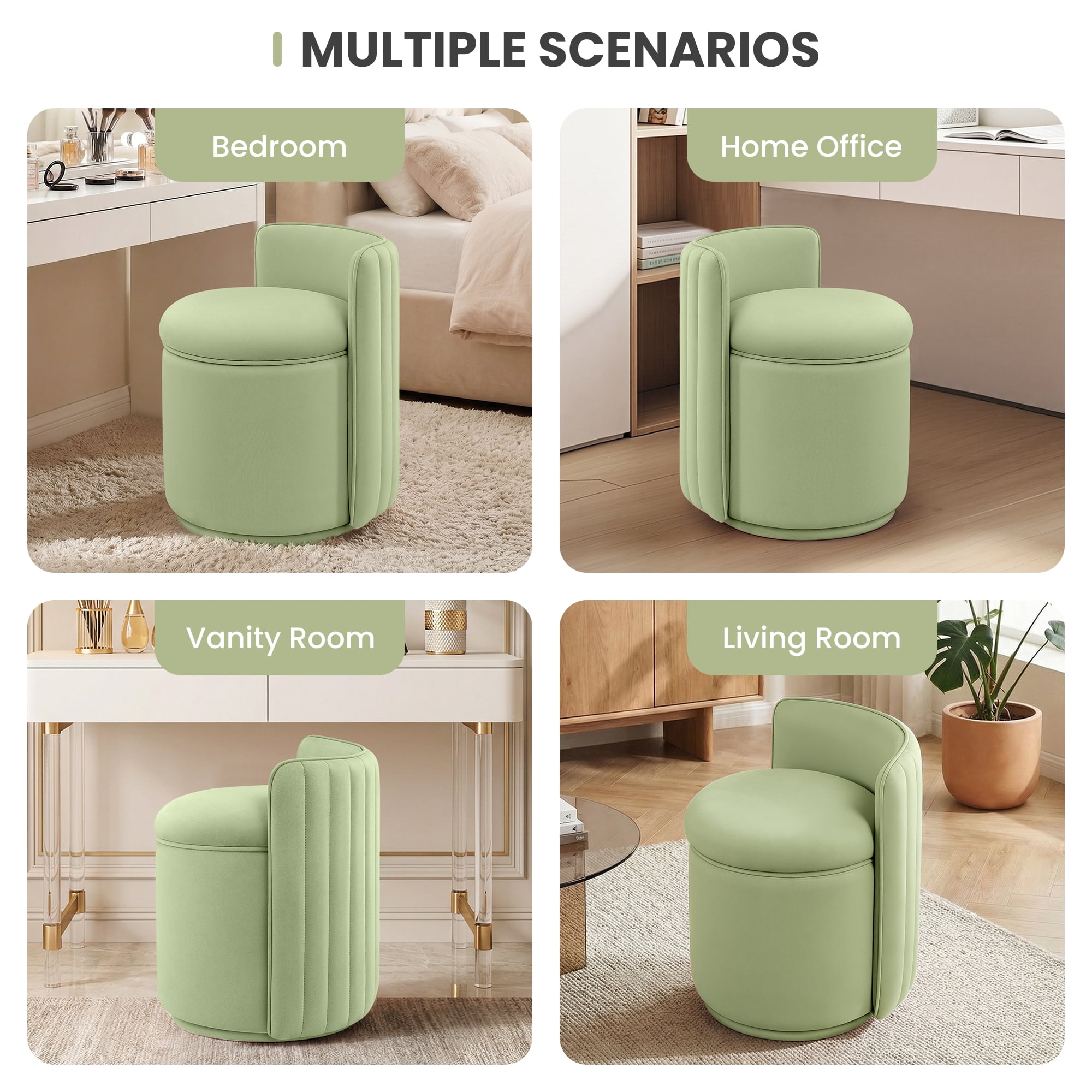 ATHOPE Vanity Chair with Storage, Velvet 360° Swivel Chair with Back, Modern Round Upholstered Bedroom Chair, Comfy Makeup Chair for Dressing, Living Room, No Assembly Required, Green