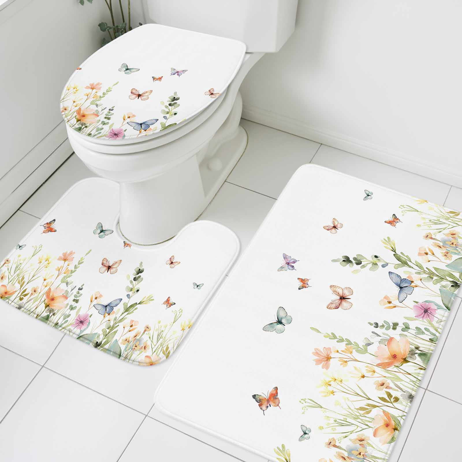 Spring Floral Bath Mat 3 Piece Bathroom Rug Set, Butterfly Summer Botanical Watercolor Non Slip Bath Rug Contour Mat and Toilet Lid Cover, Absorbent Shower Mats Soft Bath Rugs and Mats Sets