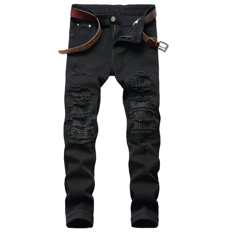 Elainilye Fashion Mens Jeans Clearance Ripped Regular Fit Straight Leg Jean  Casual Cotton Stretch Ripped Hole Trousers Jeans Pants Full Length  Pants,Black 