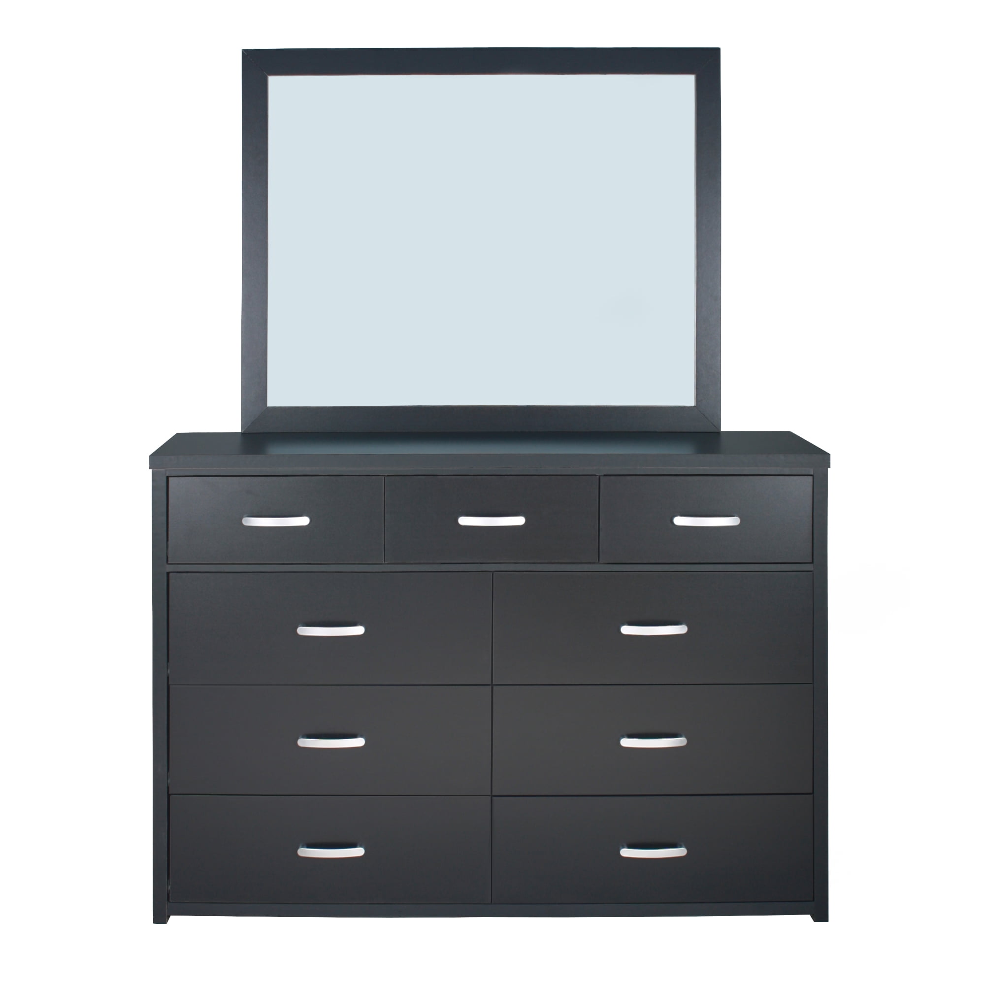 Modern Freestanding 9-Drawer Double Dresser with Mirror in Black