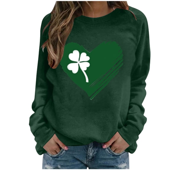 Guzom St. Patrick's Day Womens Crew Neck Sweatshirt - Army Green Four-Leaf Clover Green Heart Graphic Soft 100% Polyester Loose Fit S-XXL,Size M