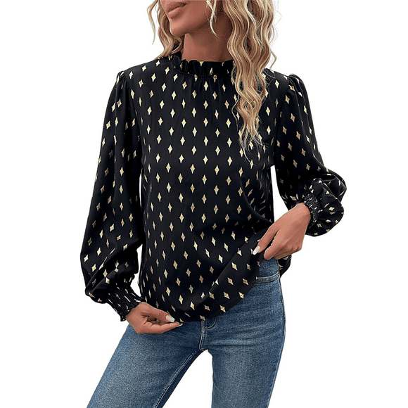 Women's Long-Sleeved Commuter Hot Stamping Shirt Pleated Round Neck Shirt Casual Loose Top Black S