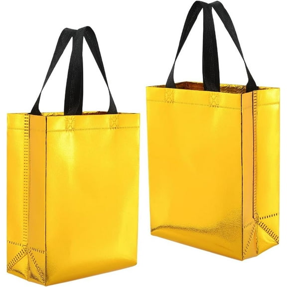 12Pcs Holographic Gift Bags Bulk Yellow Reusable Gift Bags with Handles Shiny Sparkle Glossy Handbag Metallic Shopping Tote for Birthday Wedding Party Christmas Favors 7.8W x 10D x 3.9H Inch Gold
