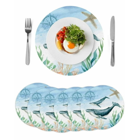Ocean Whale Compass Round Table Placemats set of 6 Sea Coral Starfish Bule Washable Woven Place Mats for Dining Tables Kitchen Party Decor Heat Proof 15in