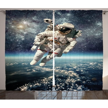 Ambesonne Galaxy Curtains 2 Panel Set, Astronaut Floats Outer Space, 108" x 90", Grey Blue