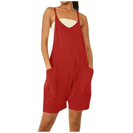 

Jumpsuit for Women Solid Color Summer Zipper Pocket Suspender Shorts Jumpsuit Strap Pants Orange XXL