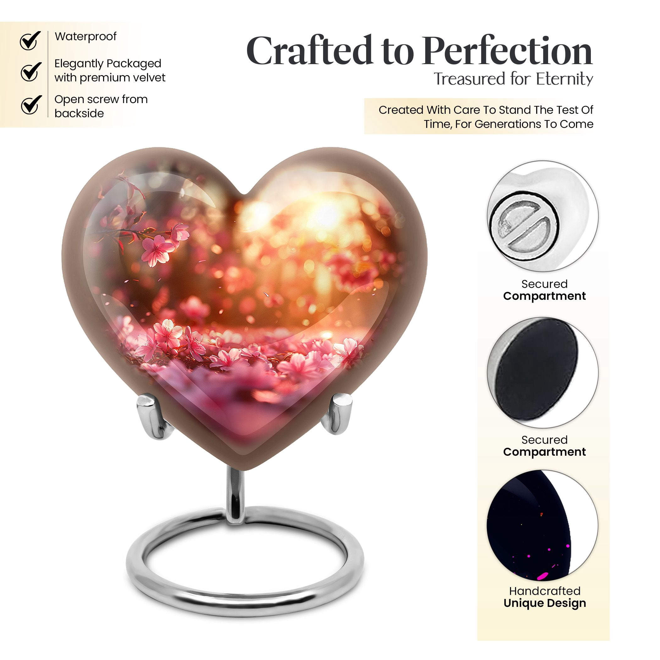 Dance of Petals in Golden Hour Small Urns For Human Ashes Adult - Heart Small Urn for Human Elegance - Heart Heart Shaped Keepsake for Adult Males - Cremation Urn (3inch,1Pcs)