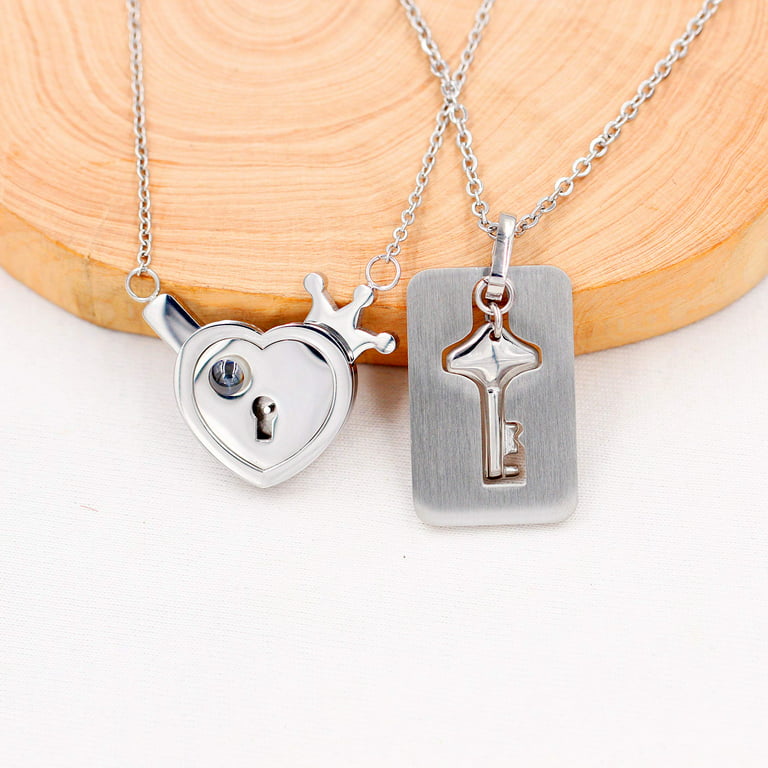 Heart Lock Necklace Silver Zircon Stone Lock Key Necklace 