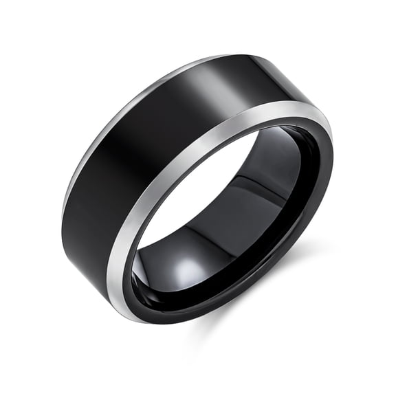 Bling Jewelry Mens Simple Black Titanium Wedding Band Ring Silver Two-Tone Beveled Edge Comfort Fit