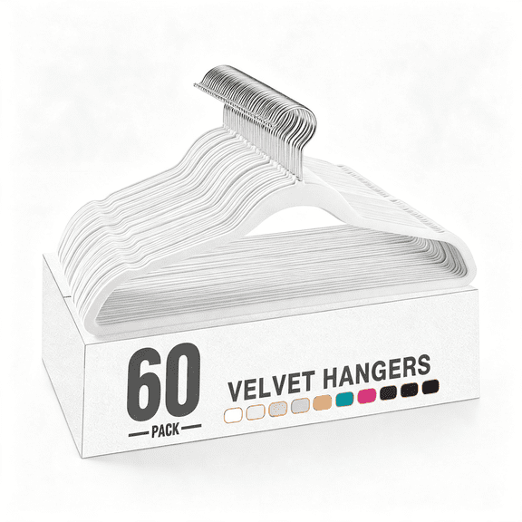 XIBUFE White Velvet Hangers 60 Pack, Non Slip Clothes Felt Hanger Heavy Duty for Coat, Premium Slim Space Saving Suit Hangers for Closet Organizer, 360° Rotating Silver Hook