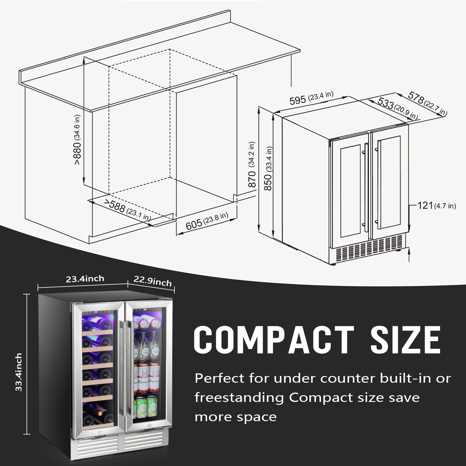 FREE VILLAGE 24 Inch Wine and Beverage Refrigerator,Dual Zone Built-in Wine Cellar,Freestanding Mini Fridge,Clear Glass Door,LED Light,for Beer Soda… wine  cooler