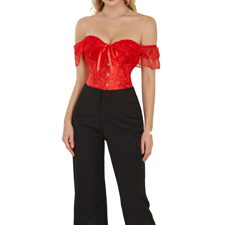 KelaJuan Women Lace Corset Tops Solid Color Elegant Bandage Button Short Sleeve Off shoulder Tops Streetwear Walmart