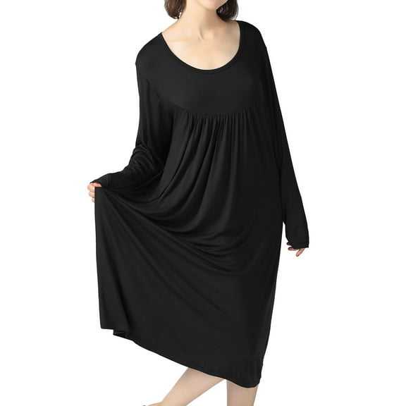 Defitshape Women's Plus Size Nightgown Cotton Long Sleeve Sleepwear Pajama Night Dress Soft Comfy Knee Length Pleated Stretchy Sleep Gown Black 5X