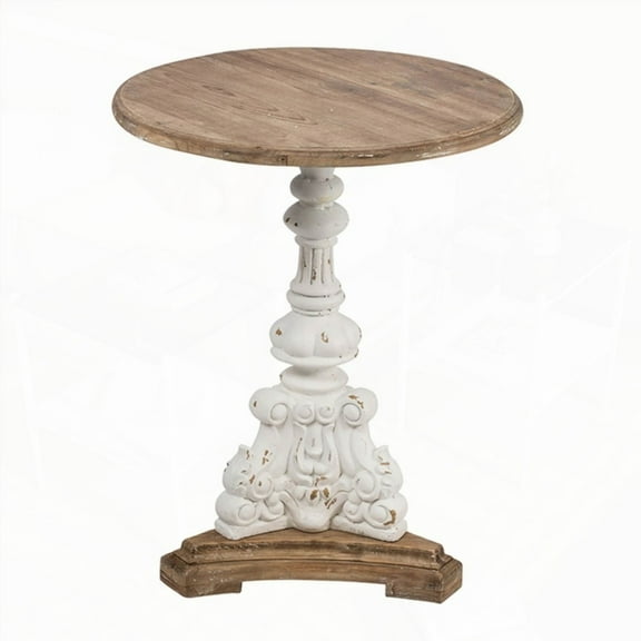 D22.5x27" Fir Wood Antique White Round Side Table with Flower Pattern Pedestal Base