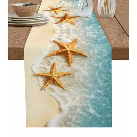 Coastal Summer Table Runner 48 Inches, Yellow Starfish Ocean Green Water Bed Runner Dresser Scarves Tabletop for Indoor Outdoor Parties/Ceremony/Banquet, 13" x 48"