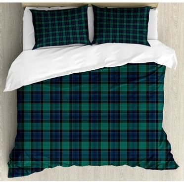 Tartan Duvet Cover Set Queen Size, Traditional Quilt Design Scottish Folklore Elements Plaid Pattern, 3 Piece Bedding Set with 2 Pillow Shams, Dark Green Black Dark Blue, by Ambesonne