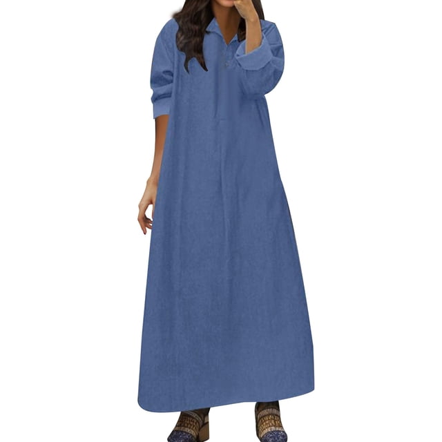 SZXZYGS Robes d'Été pour Femmes pour Vacances à l'Île pour Femme Grande Taille Style Unisexe à la Mode Manches Longues Col Rabattu devant Ouvert Robe Maxi en Denim 2024