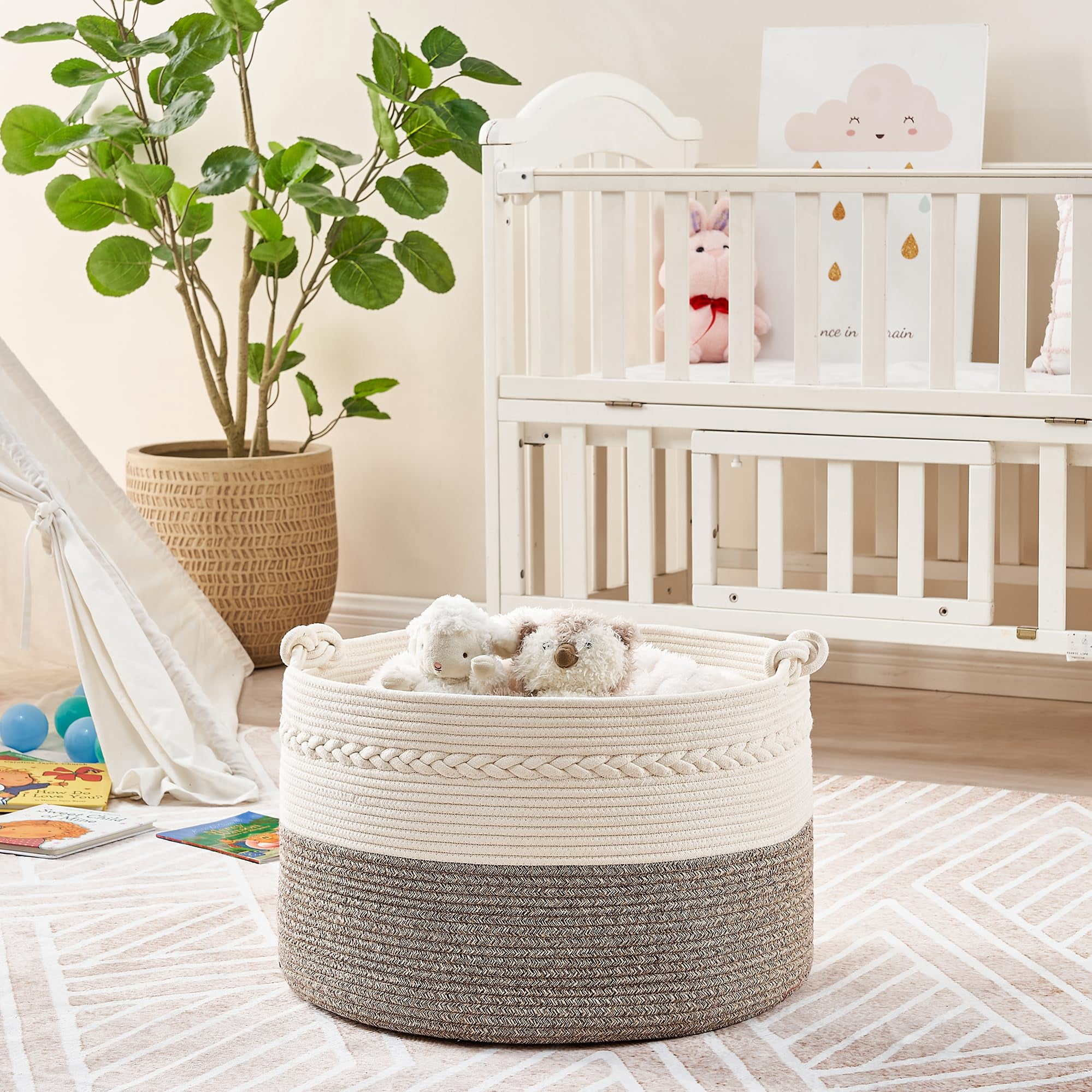 Large Blanket Basket (20"x13"),Woven Baskets for storage Baby Laundry Hamper, Cotton Rope Blanket Basket