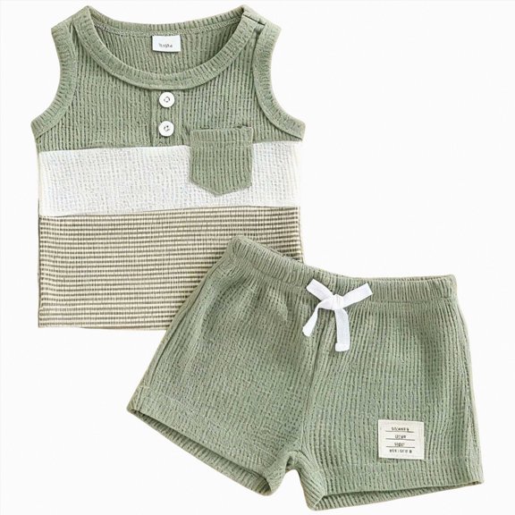 Toddler Baby Boy 2-Piece Summer Outfit Stripe Waffle Knit Sleeveless Vest Shorts Set 12-24M 2T-3T Clothes