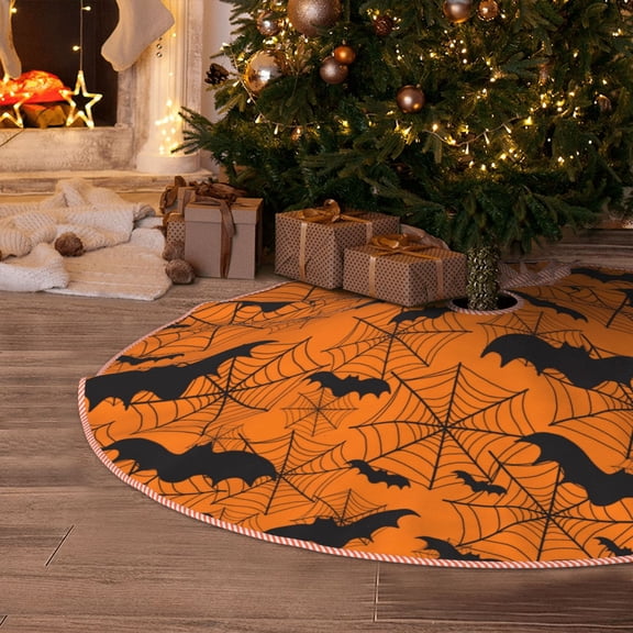 Halloween Christmas Tree Skirt - halloween bats 30 Inches Christmas Tree Skirt for Halloween Holiday Indoor Home Christmas Tree Decorations with Three Ribbons