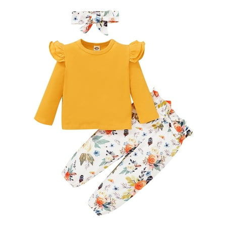 

18 Months Baby Girls Clothes 24 Months Girls 3PCS Fall Winter Clothing Set Solid Top Floral Pants Headband Set Toddler Girls Long Sleeve Outfits Yellow