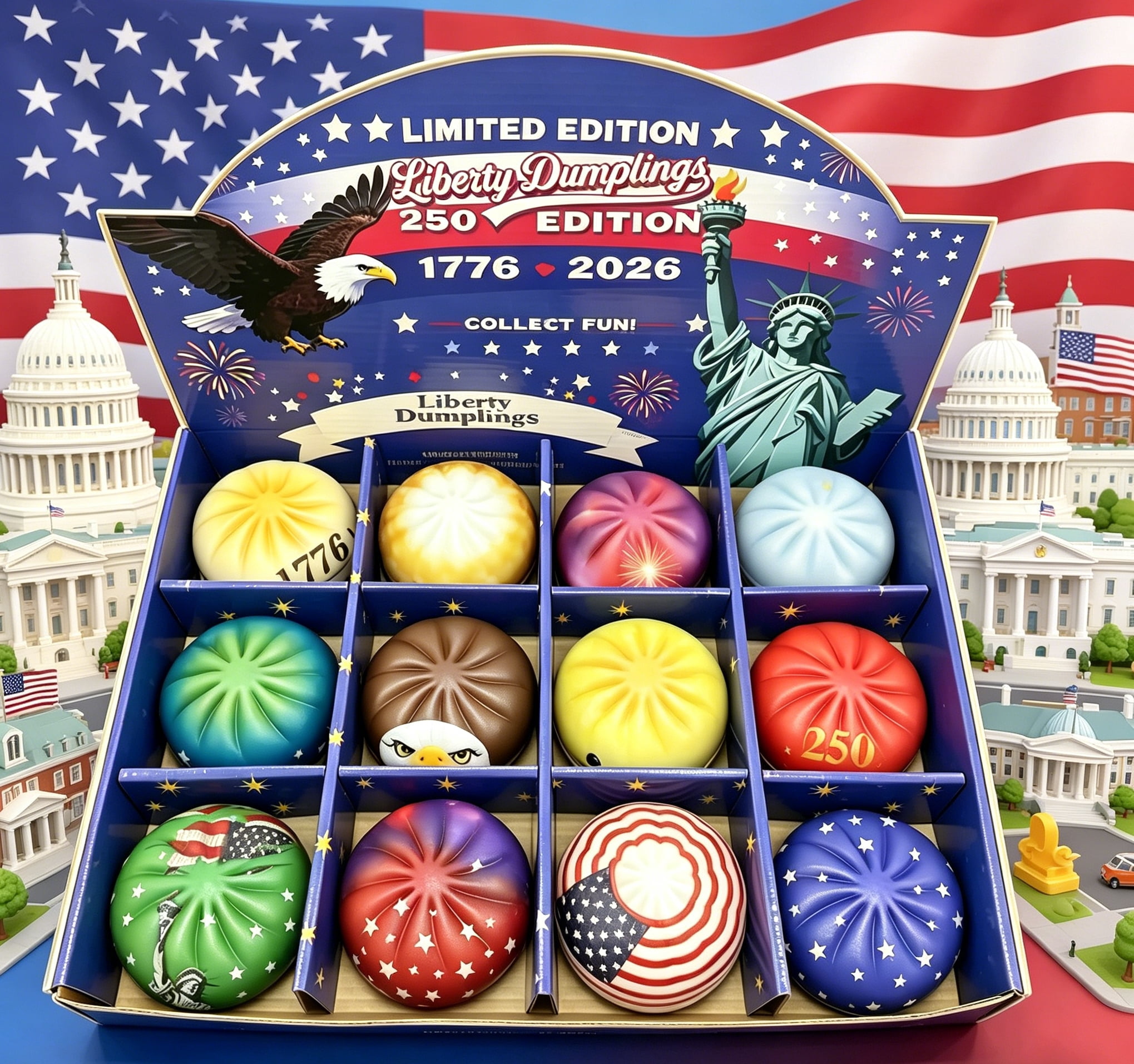 12 Pcs Liberty Dumplings 1776-2026 USA 250 Year Anniversary Dumpling Squishies, Squishy Fidget Fidget Toys for Anxiety Relief, 250 Anniversary USA Giant Glitter Dumplings Box for Adults (Muticolor)