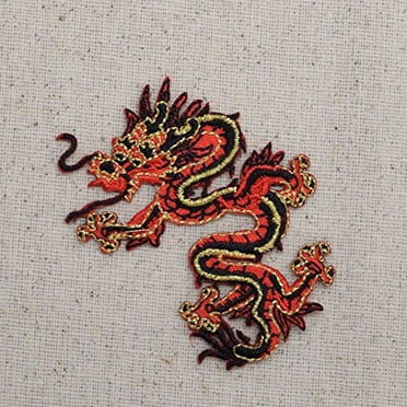Small - Dragon - Facing Left - Red/Black - Iron on Applique/Embroidered Patch