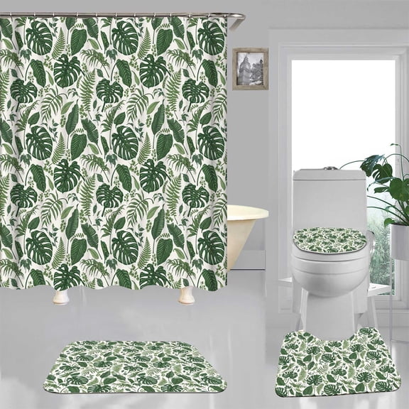 4PCS Tropical Shower Curtain Sets with Rugs, Waterproof Fabric Shower Curtain, Aesthetic Summer Vintage Green Palm Leaves Monstera Banana Leaf Plant Botanical Rainforest Jungle Bathroom Decor