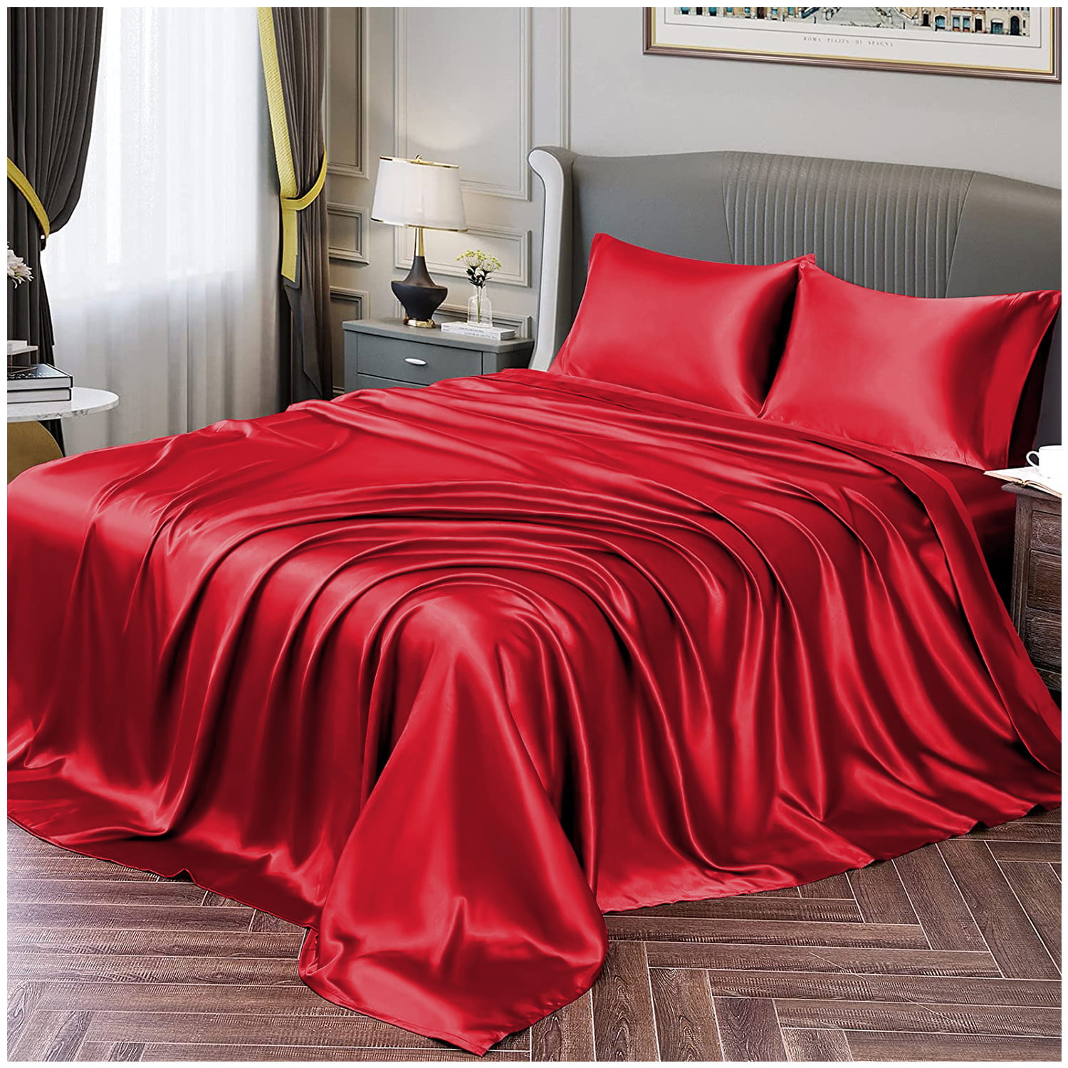 Matching Bedrooms Luxury Satin Black Double Bedding Set Includes Duvet Cover Fitted Sheet and 4 Pillowcases