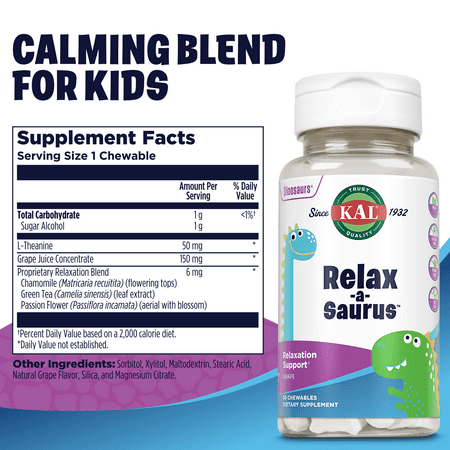 KAL Relax-a-Saurus, Stress Support Supplement for Kids, L-Theanine for Children with Herbal Stress Relief & Relaxation & Blend, Delicious Natural Grape Flavor, 60-Day Guarantee, 30 Chewables